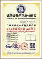 海昌公司誠(chéng)信經(jīng)營(yíng)示范單位證書